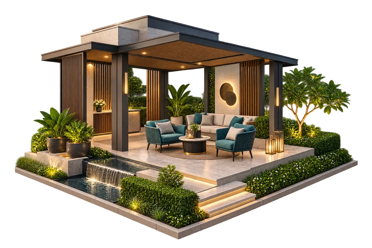 Isometric clubhouse lounge and garden planning concept