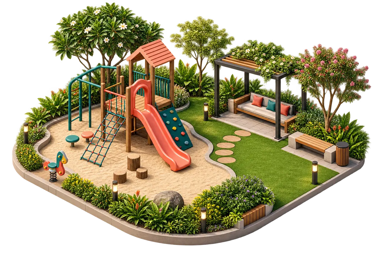 Isometric nature-play area and family lawn planning concept