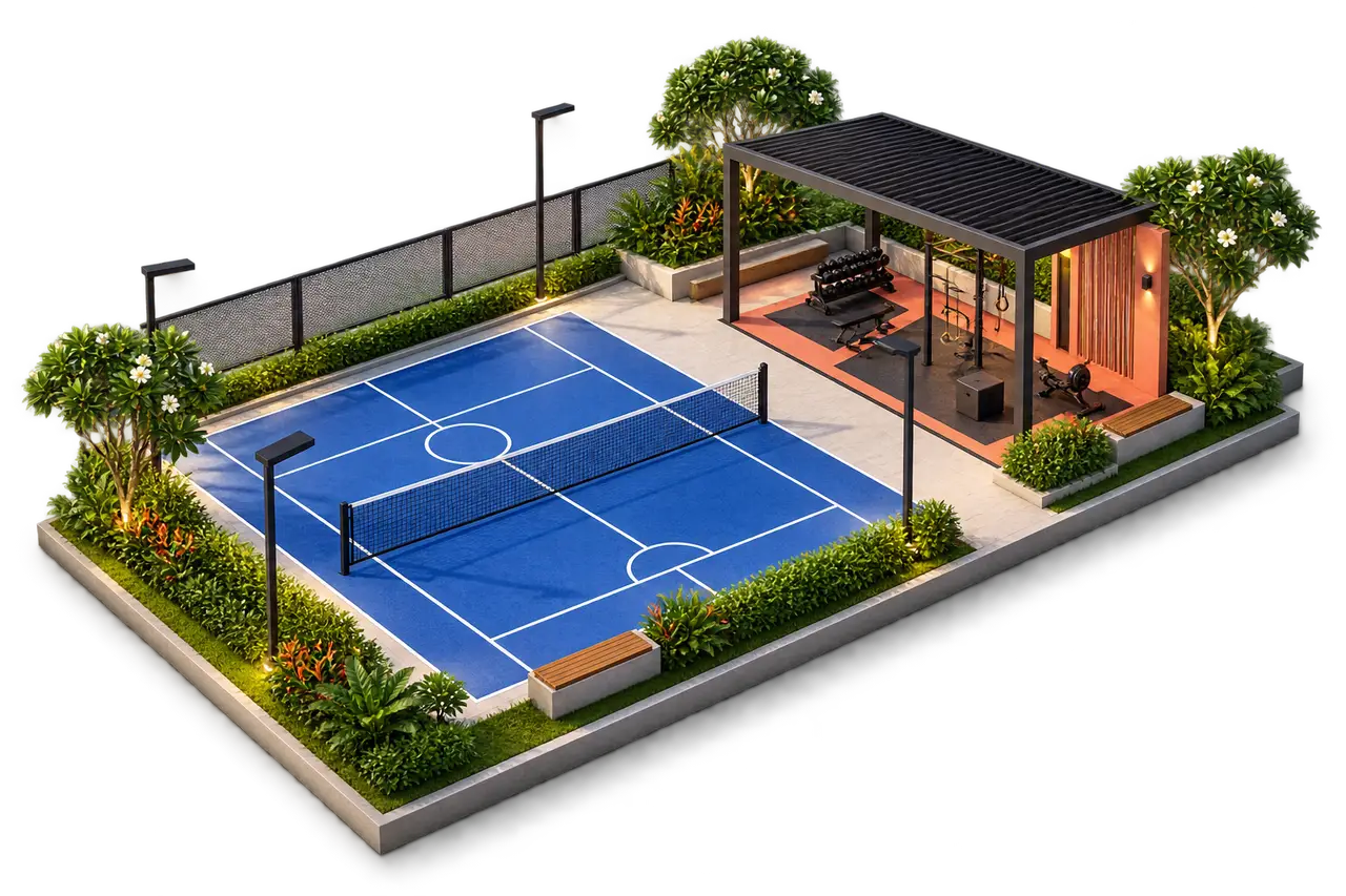 Isometric fitness pavilion and sports court planning concept