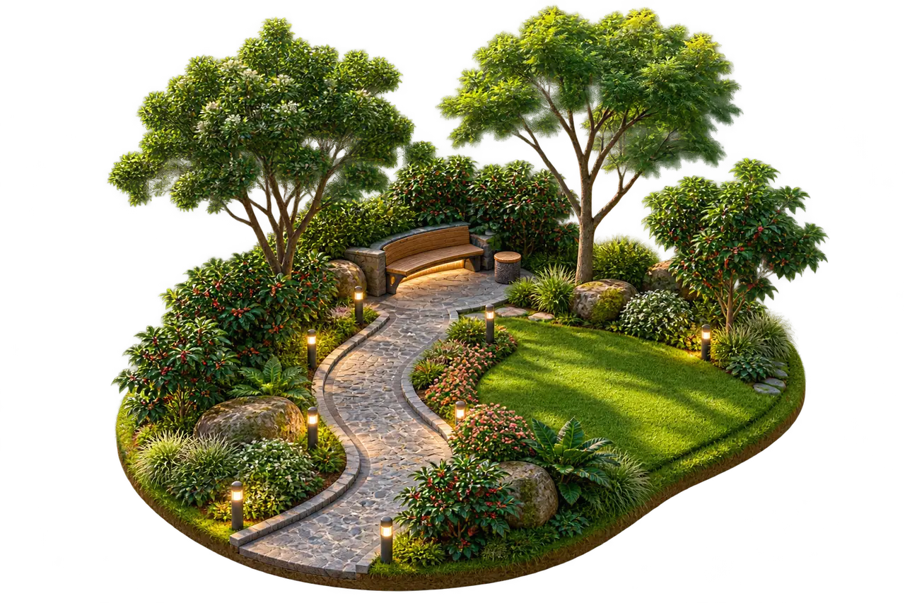 Isometric shaded walking trail and garden planning concept