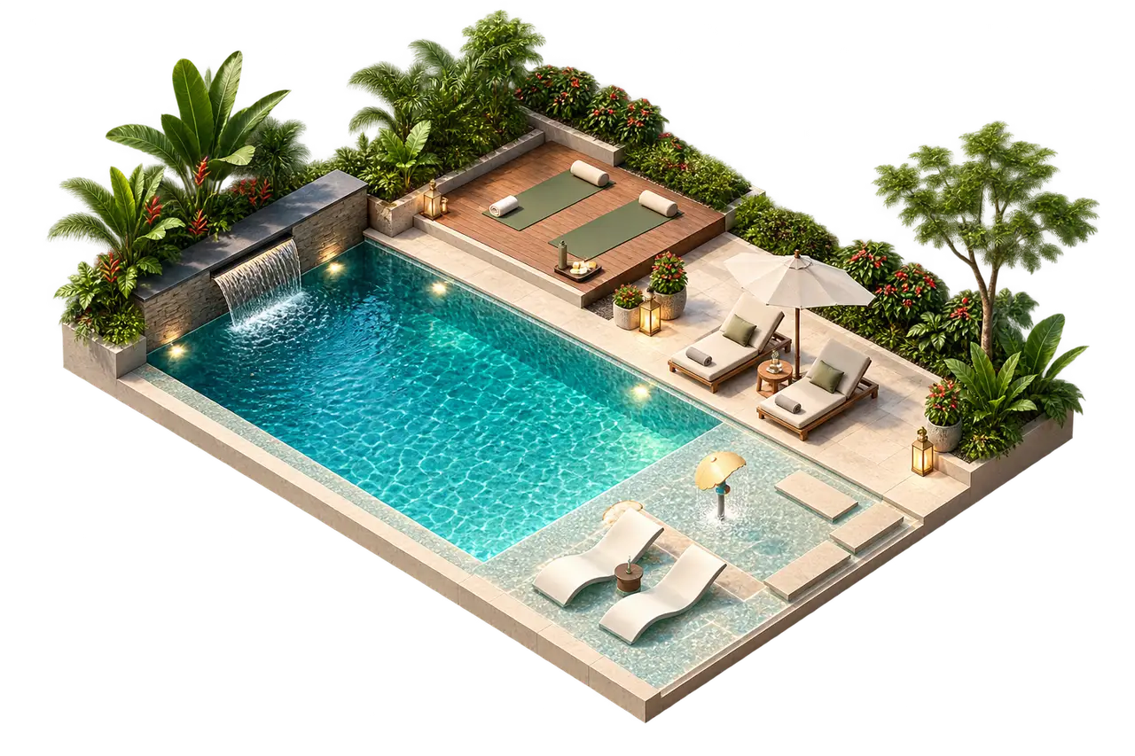Isometric pool and wellness deck planning concept
