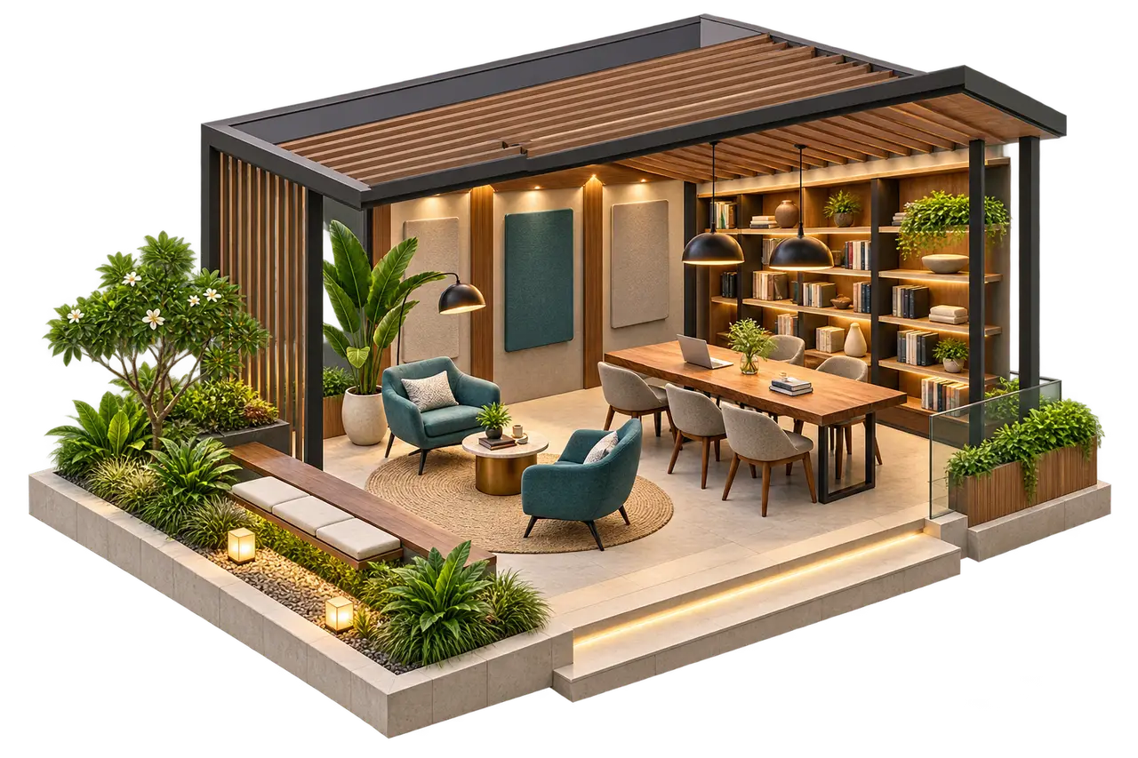Isometric reading and shared-work lounge planning concept