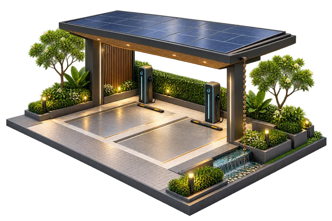 Isometric solar arrival bay, EV charging and rainwater planning concept
