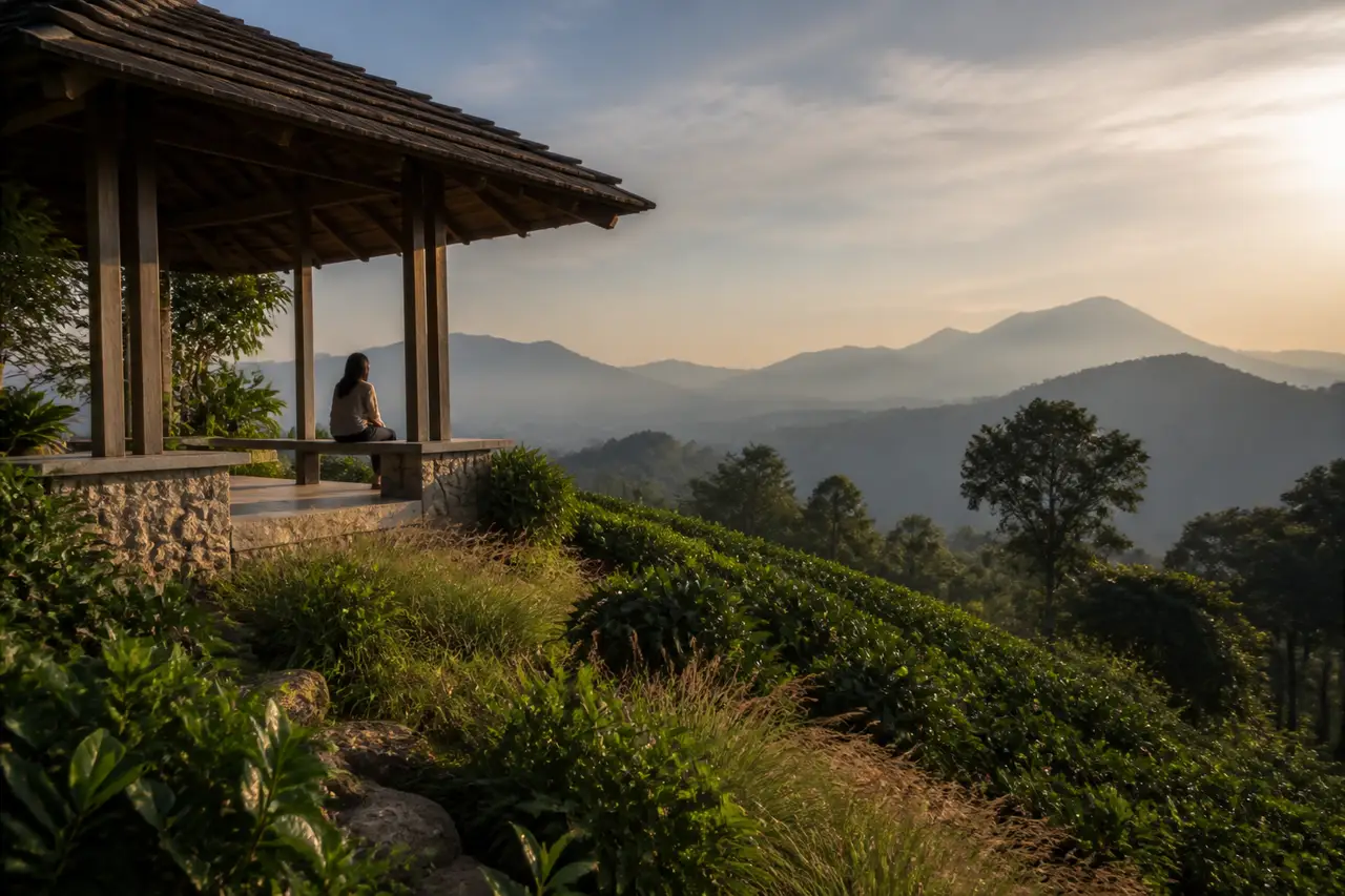 Conceptual lookout pavilion above green highlands